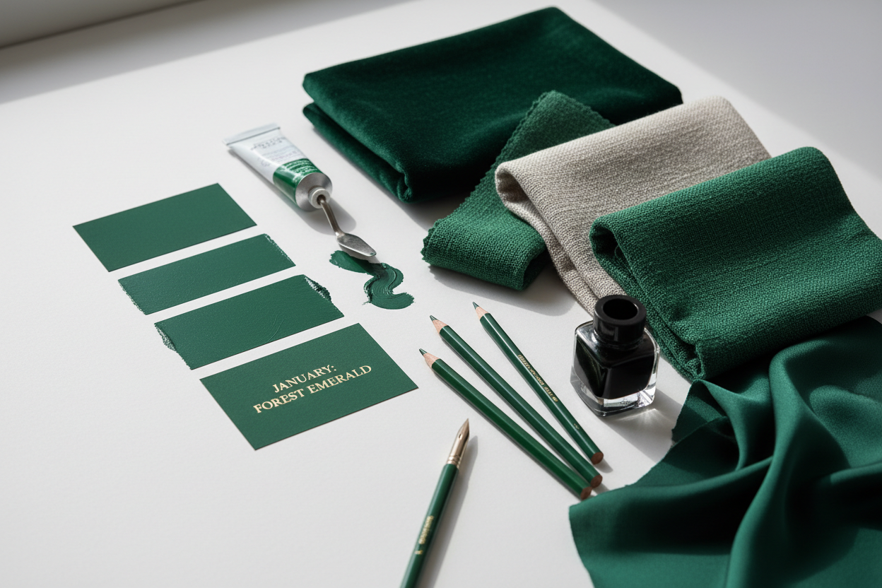 Sophisticated winter color palette featuring deep emerald green, midnight cobalt blue, and burnt saffron arranged in modern geometric composition for January 2026 color trends