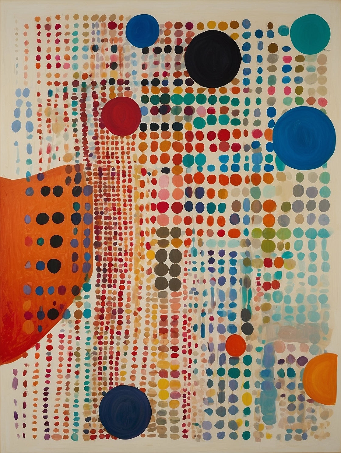 Abstract Dot Field with Circles Gouache Painting on 70 Year Old French Paper