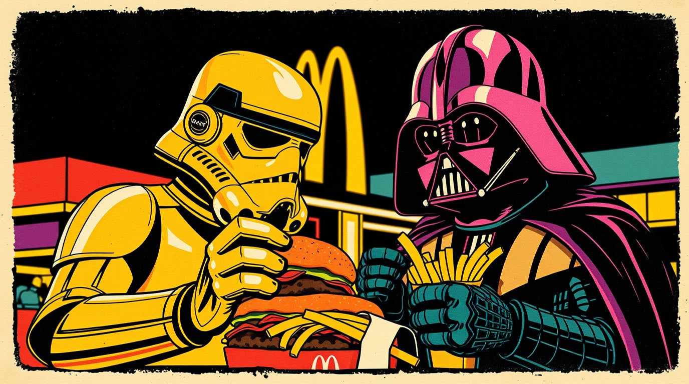 Illustration of a stormtrooper and Darth Vader eating McDonald's food with a stylized cityscape background.