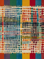 Abstract Dot Grid with Color Stripes Gouache Painting on 70 Year Old French Paper