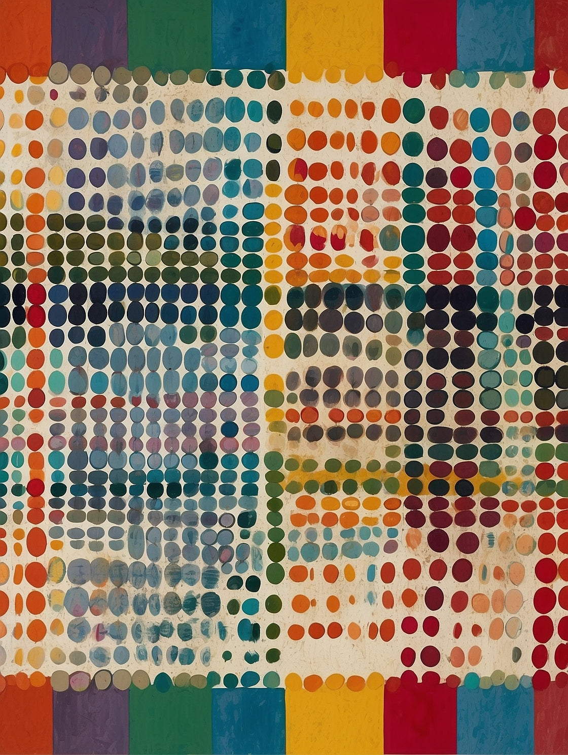 Abstract Dot Grid with Color Stripes Gouache Painting on 70 Year Old French Paper