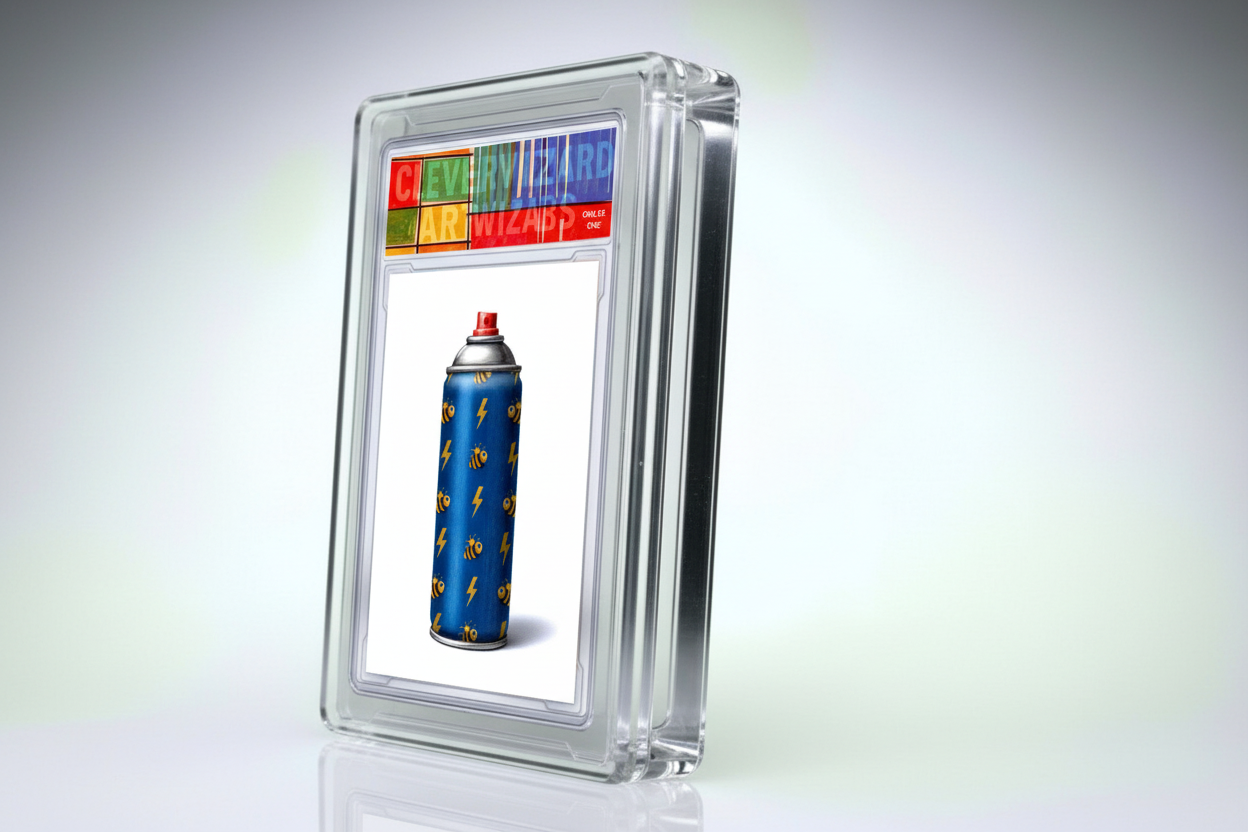 Clear display case with a colorful spray can graphic on a white background
