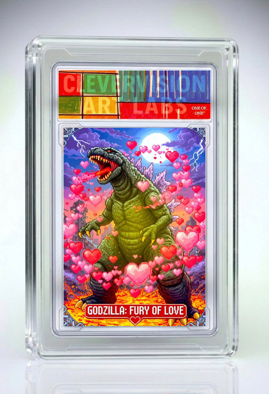 Trading card featuring Godzilla with hearts, encased in a protective frame.