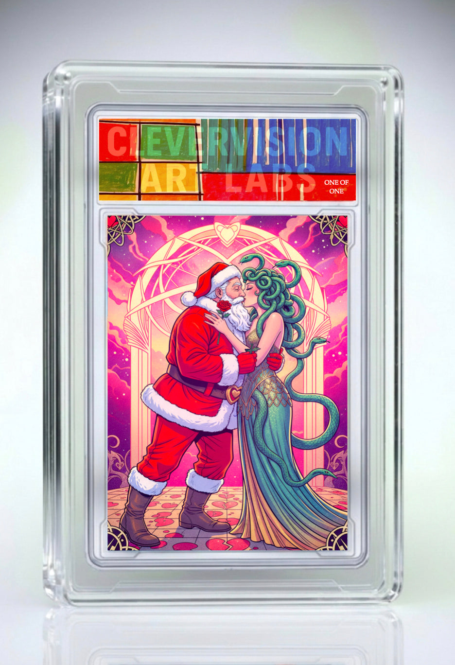 Collectible card featuring Santa Claus and a mermaid in a decorative frame with 'Clevverion Cards' branding.