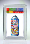 Colorful spray paint can with text in a protective display case, featuring the brand 'Clevver'.