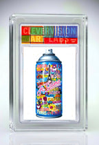 Colorful spray paint can with text in a protective display case, featuring the brand 'Clevver'.