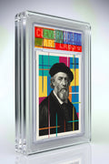 Card with a portrait of a man in a black hat and coat, framed by colorful geometric patterns.