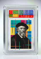 Card with a portrait of a man in a black hat and coat, framed by colorful geometric patterns.