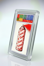 Card with a red spray can and 'Je T'aime' text, framed in clear plastic