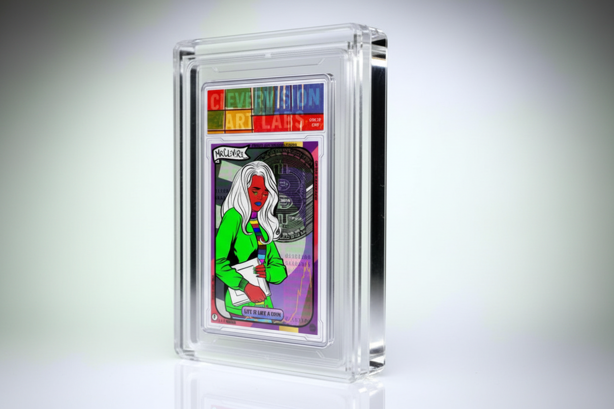 Collectible card in a clear protective case on a light gray background