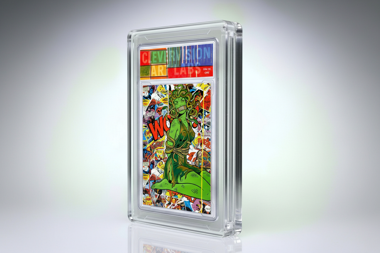 Collectible card in a clear protective case on a light gray background
