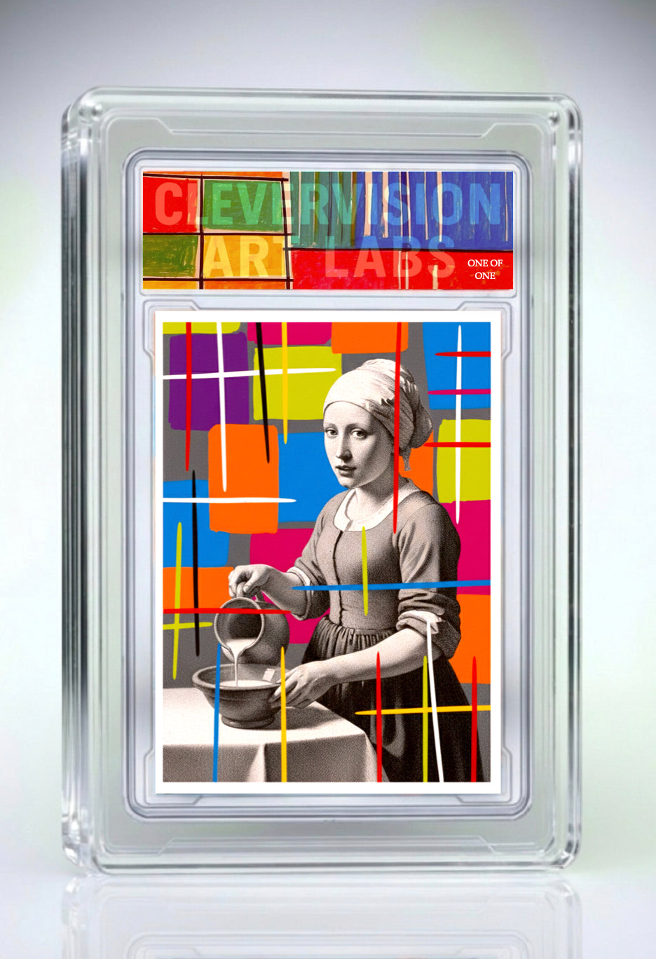 Collectible card with a stylized portrait and colorful geometric design, framed in clear protective casing.
