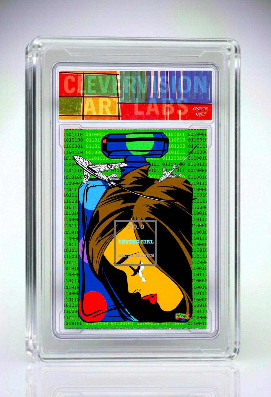Collectible card with colorful design of a woman's face and text, encased in clear plastic.