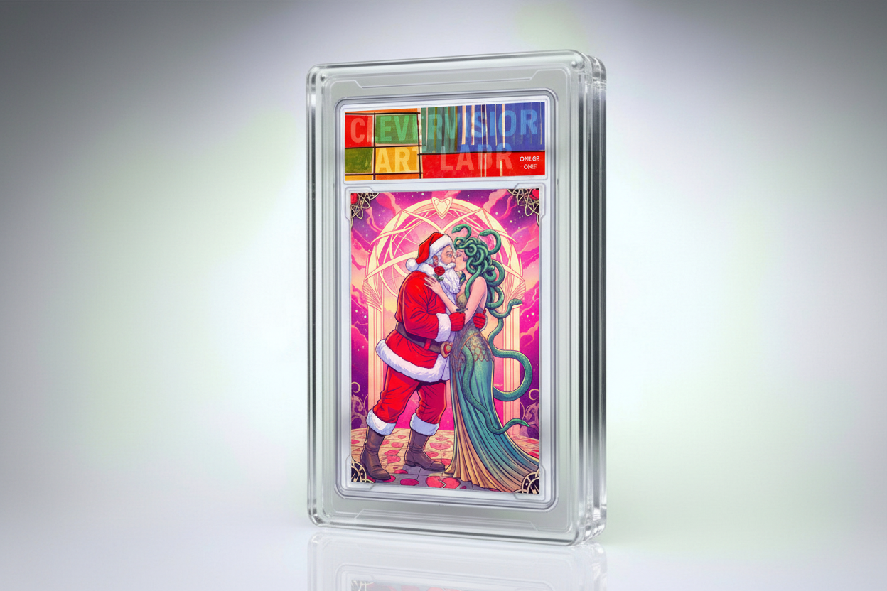 Colorful trading card featuring a character in a Santa Claus outfit and another character with long hair, encased in a clear protective holder.