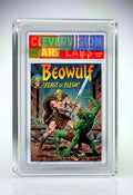 Comic book cover featuring Beowulf and a green monster, framed in a clear protective case.