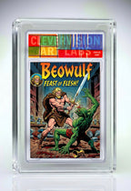 Comic book cover featuring Beowulf and a green monster, framed in a clear protective case.