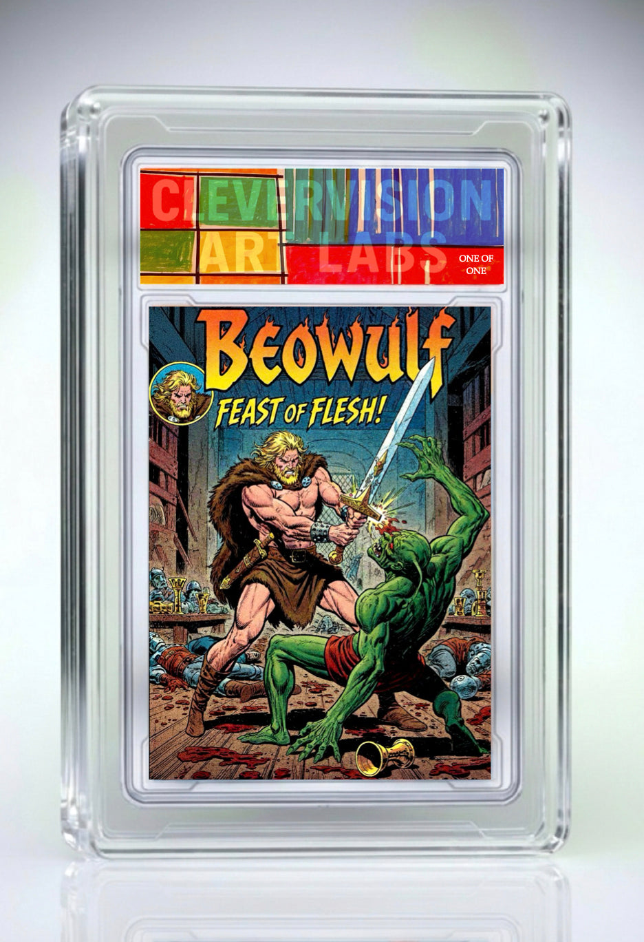 Comic book cover featuring Beowulf and a green monster, framed in a clear protective case.