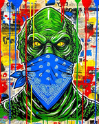 Green creature with a blue bandana on a colorful, abstract background