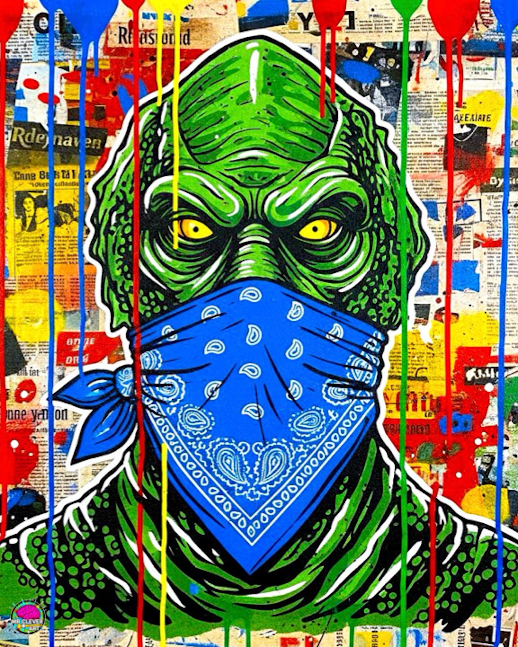 Green creature with a blue bandana on a colorful, abstract background