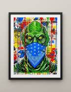 Framed artwork of a green character with a blue bandana on a colorful abstract background.
