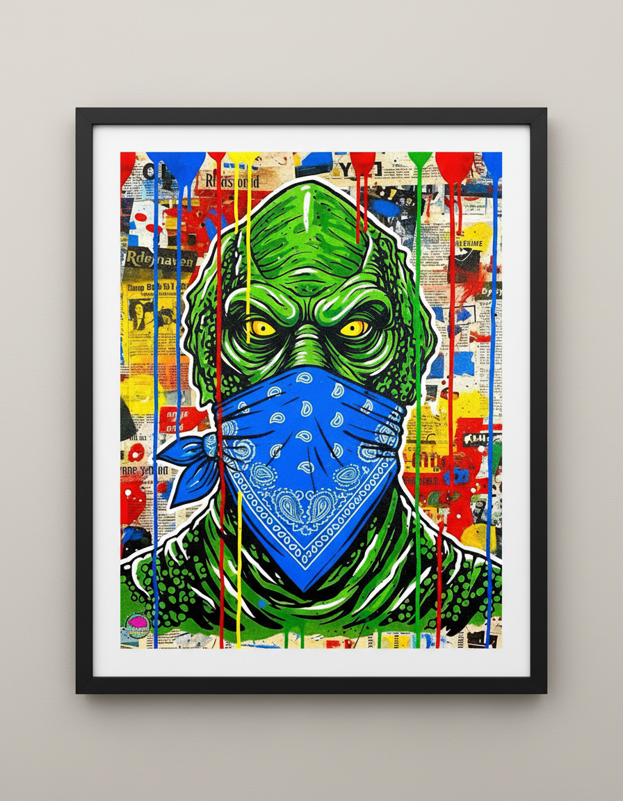 Framed artwork of a green character with a blue bandana on a colorful abstract background.