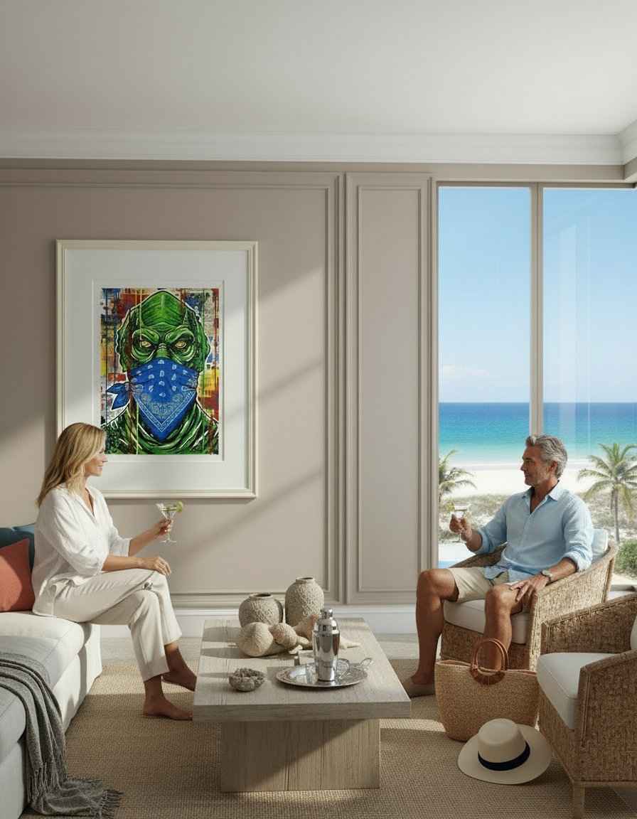 Two people sitting in a modern living room with a beach view.  Artwork on wall of Creature From Black Lagoon with mask on face, art by Mr. Clever Art.