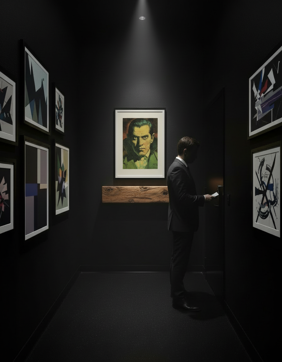 Man standing in a dark room with a spotlight on a framed portrait of a man with green hair.