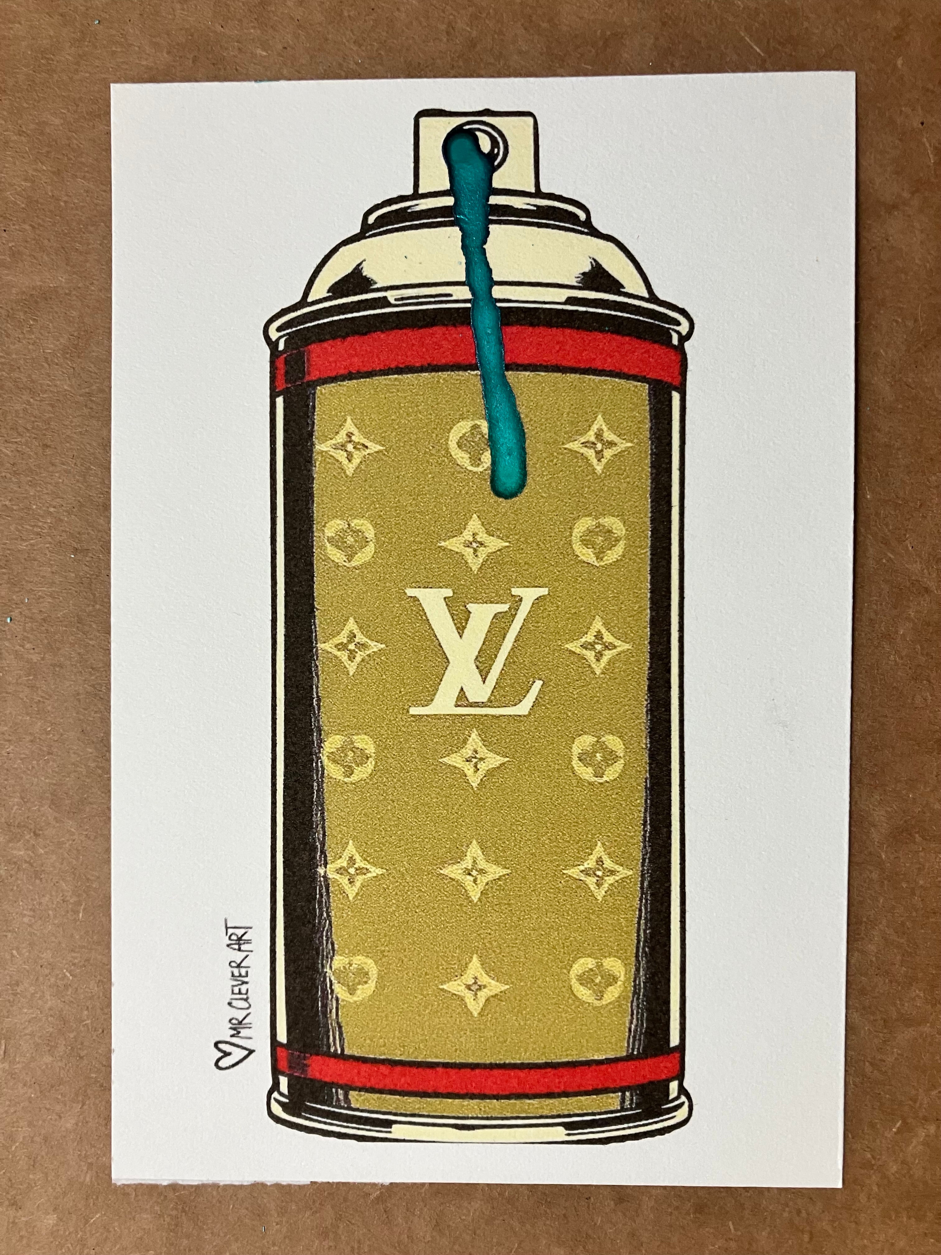 Surrealistic spray can with Louis Vuitton pattern on a white background