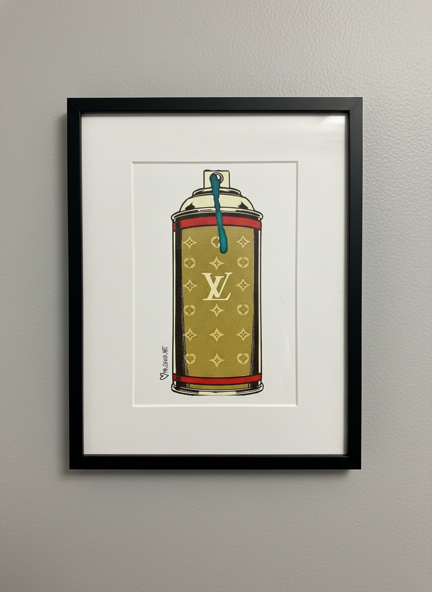 Surrealistic spray can with Louis Vuitton pattern on a white background