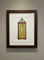 Framed artwork of a spray can with a brand logo on a beige background