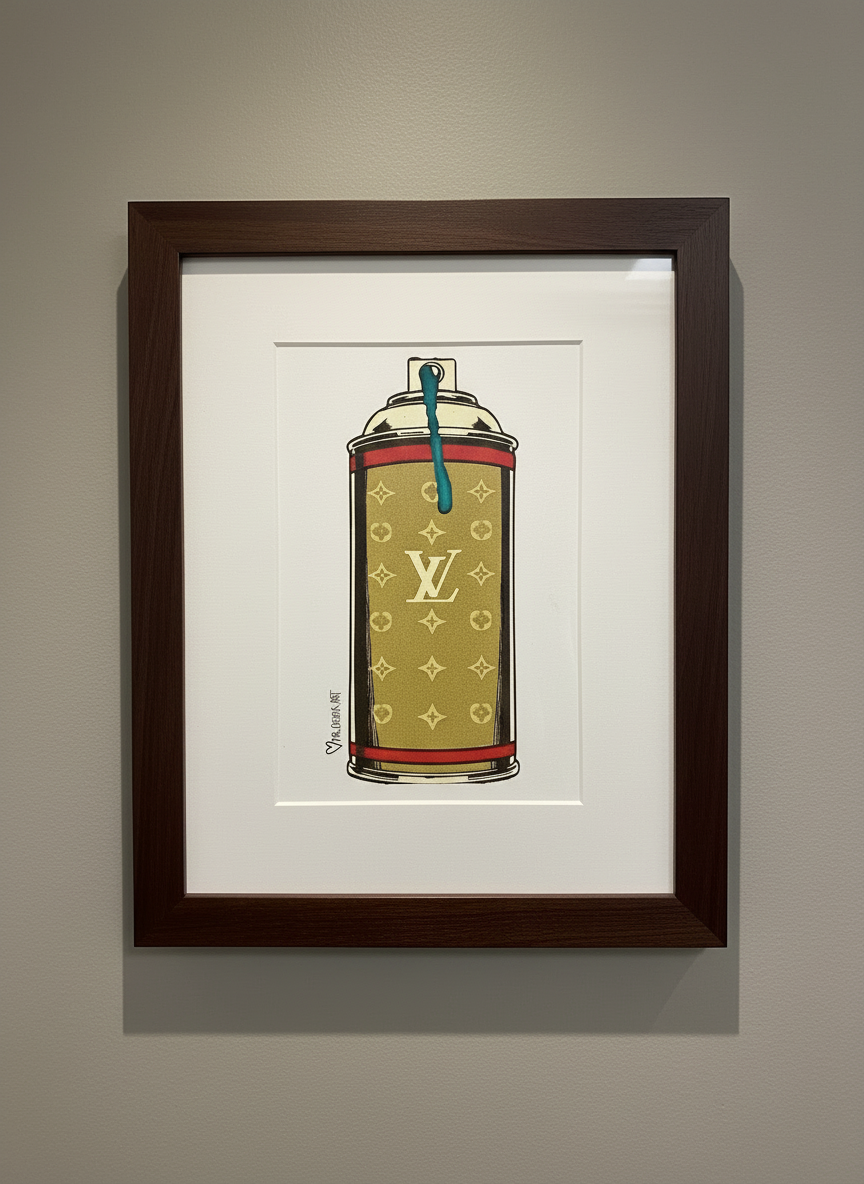 Framed artwork of a spray can with a brand logo on a beige background