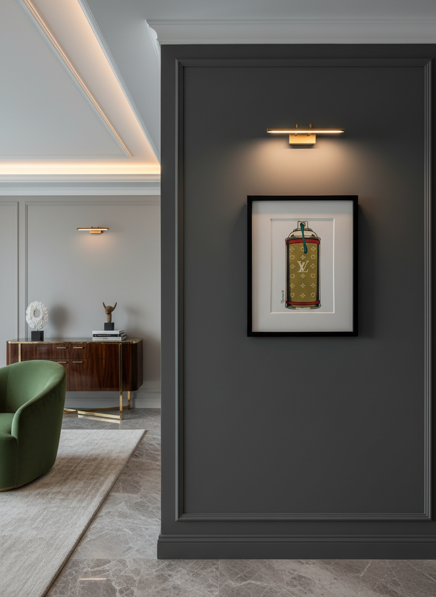 Framed artwork on a dark wall in a modern interior setting