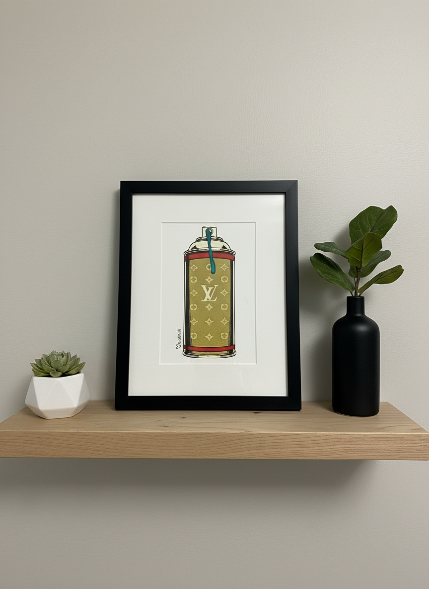 Framed artwork of a spray can on a shelf with decorative items.