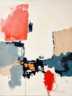 Abstract art with splashes of red, blue, orange, and beige on a white background
