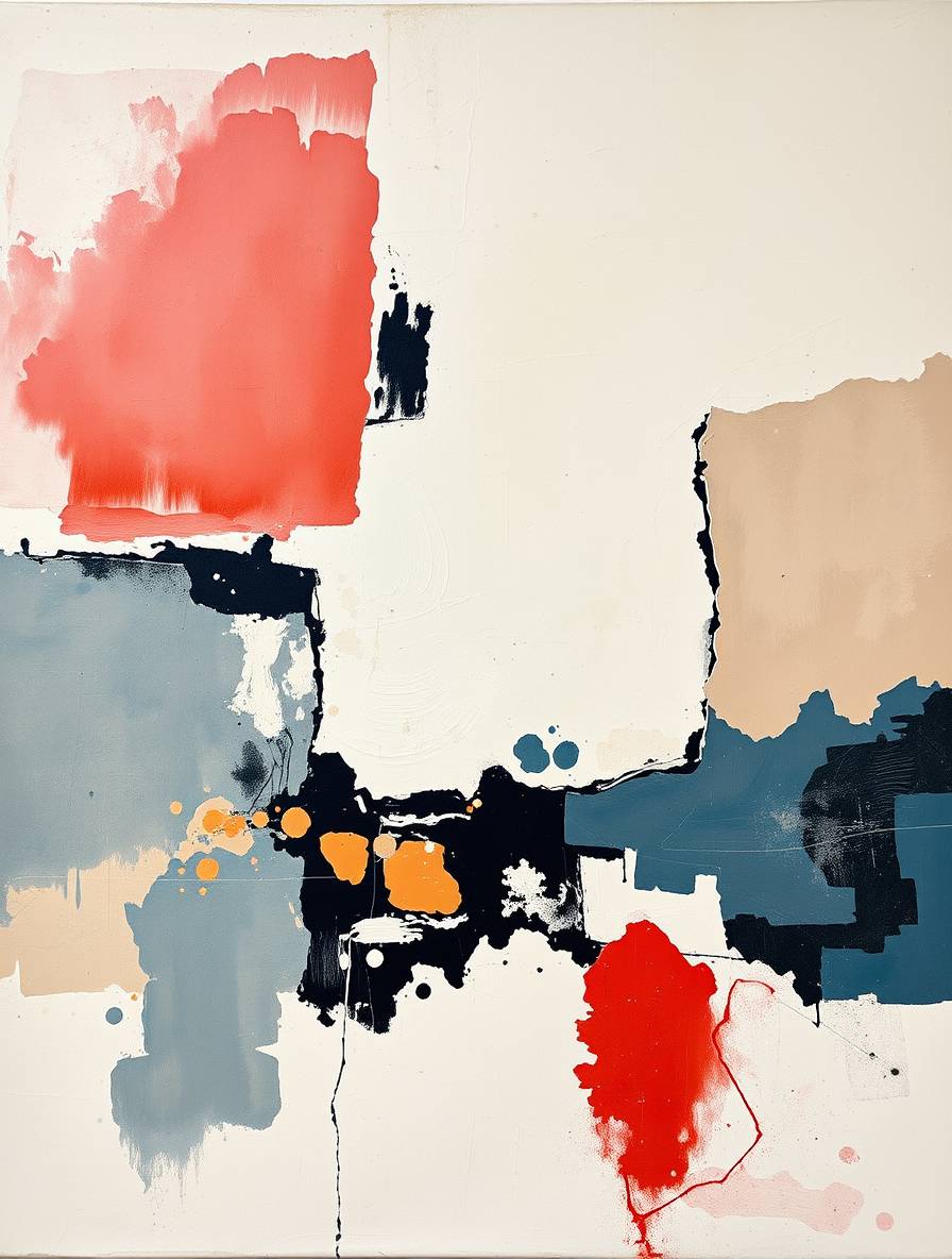 Abstract art with splashes of red, blue, orange, and beige on a white background