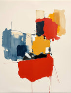 Abstract art piece with colorful shapes on a beige background