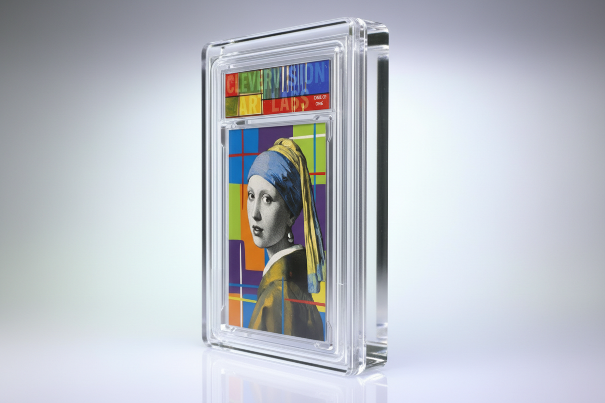 Framed artwork of 'Girl with a Pearl Earring' by Johannes Vermeer on a gray background