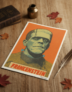 Vintage-style 'Frankenstein' poster on a wooden surface with autumn leaves. Artwork by Mr. Clever Art.