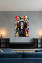 Colorful painting of a character on a wall above a blue sofa in a living room.