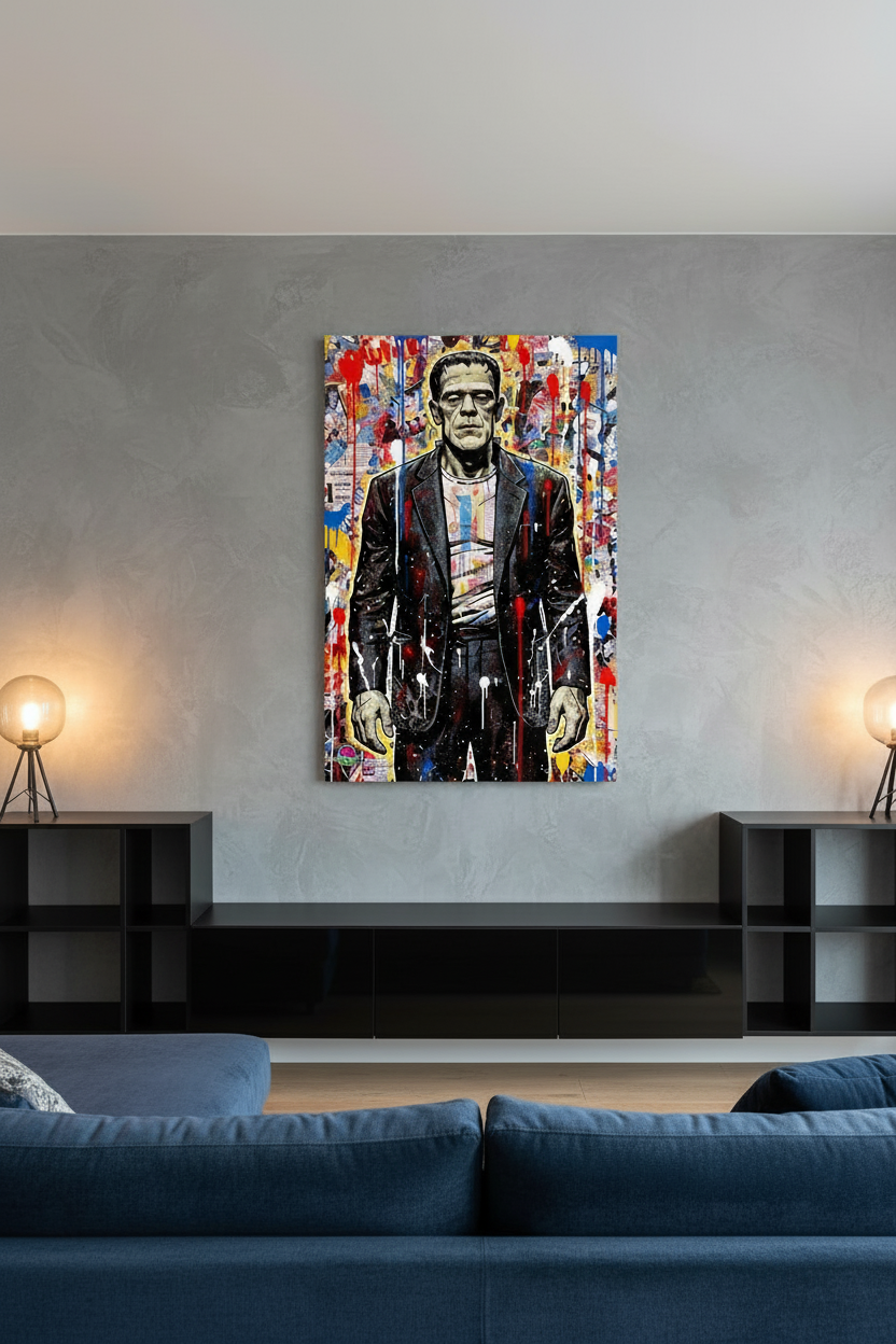 Colorful painting of a character on a wall above a blue sofa in a living room.