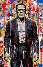 Stylized Frankenstein monster depiction of a character in a black suit with a colorful, abstract background