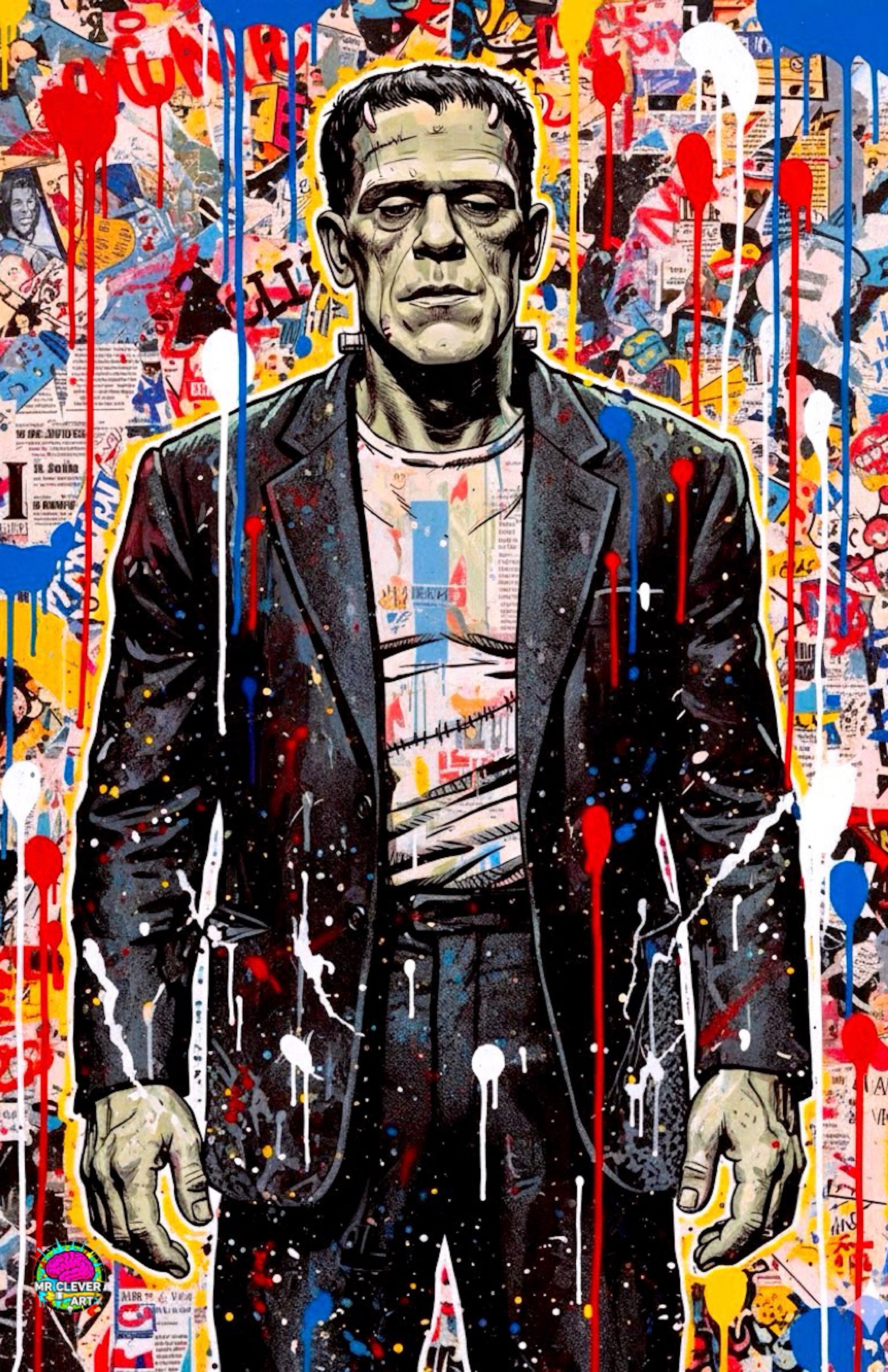 Stylized Frankenstein monster depiction of a character in a black suit with a colorful, abstract background