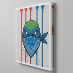 Canvas print with a stylized turtle head wearing a blue bandana on a gray background. Artwork by Mr. Clever Art.