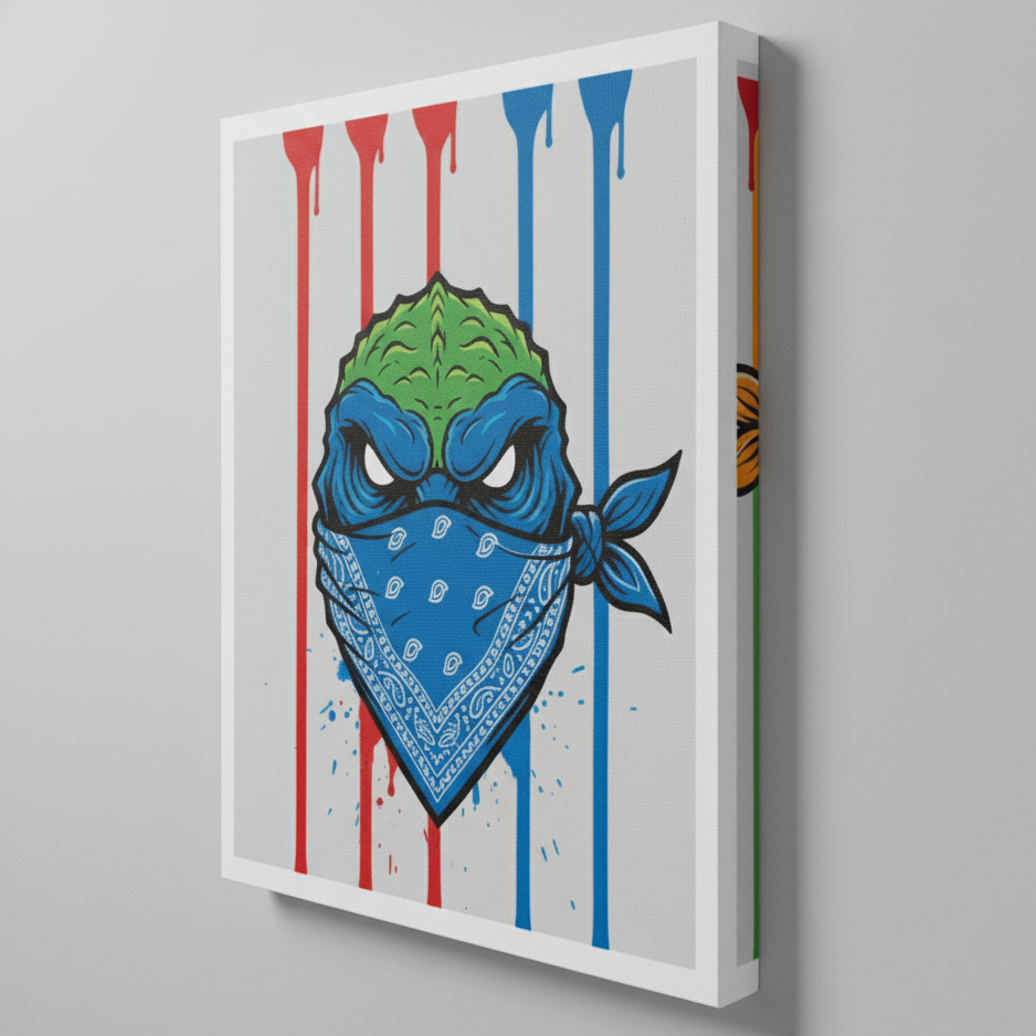 Canvas print with a stylized turtle head wearing a blue bandana on a gray background. Artwork by Mr. Clever Art.
