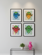 Four framed illustrations of a character with bandanas on a white wall above a small table with decor items. Artwork by Mr. Clever Art.
