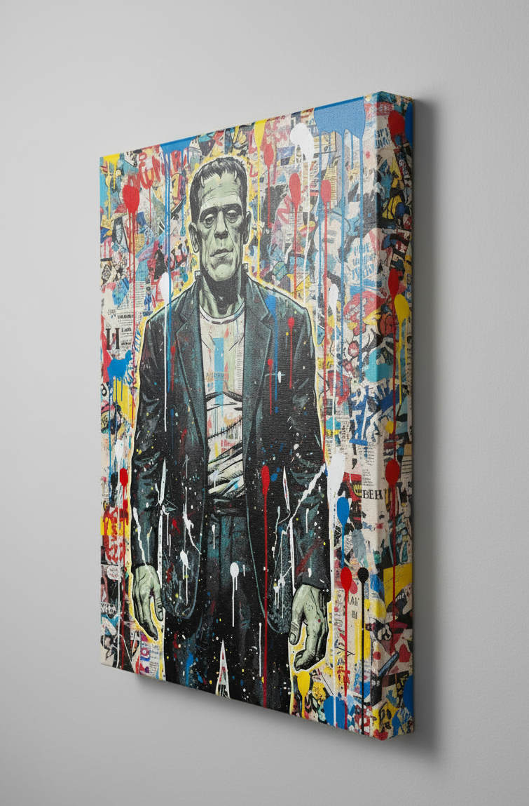 Canvas print of a stylized character with a colorful, abstract background