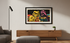 Colorful framed artwork of a robot and mask on a wall in a modern living room.