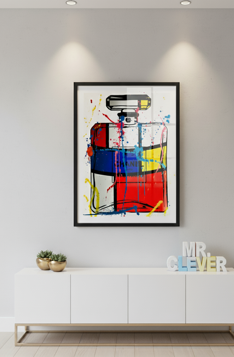 Chanel No. 5 perfume bottle Framed Pop Art print with blocks of red, blue, and yellow, overlaid with colorful paint drips and splatters.