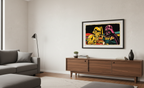 Modern living room with a gray sofa, wooden cabinet, and colorful abstract painting on the wall. Art by Mr. Clever Art.