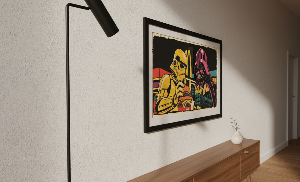Framed artwork of a colorful robot and ghost on a wall above a wooden console table.
